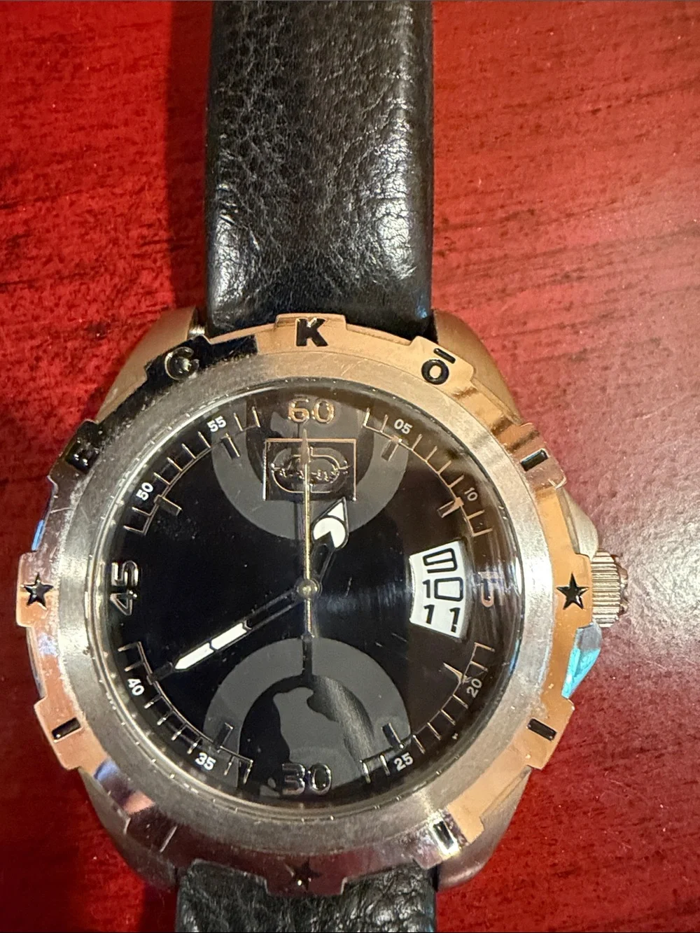 Marc Ecko Unltd. Vintage Black Dial Rhino Watch with Black Leather Strap EUC.